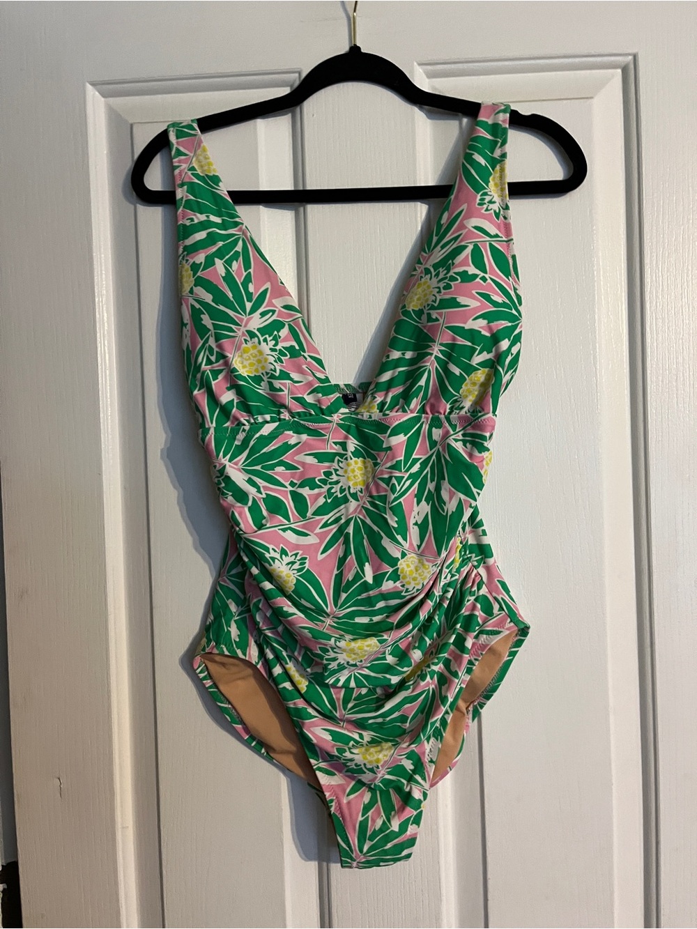 J. Crew Pink & Green Floral V-Neck One-Piece Swimsuit